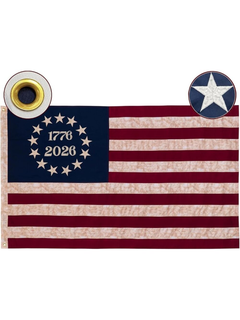 Vintage 250th Anniversary USA Flag 3x5 ft, Heavy Duty Cotton, Embroidered Stars